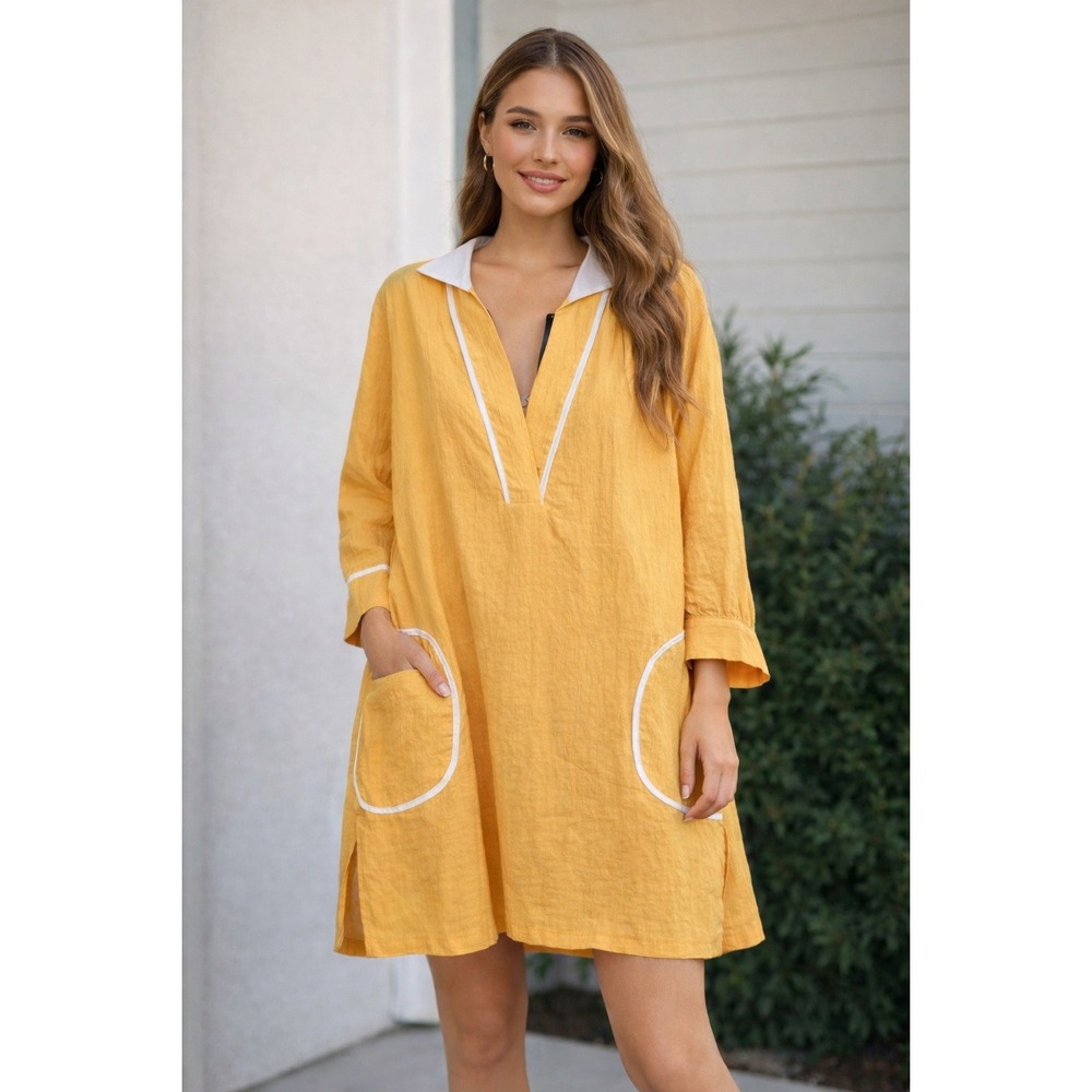 Pomander Place‎ Tunic Dress Women Medium Yellow Cotton Contrast Trim NEW